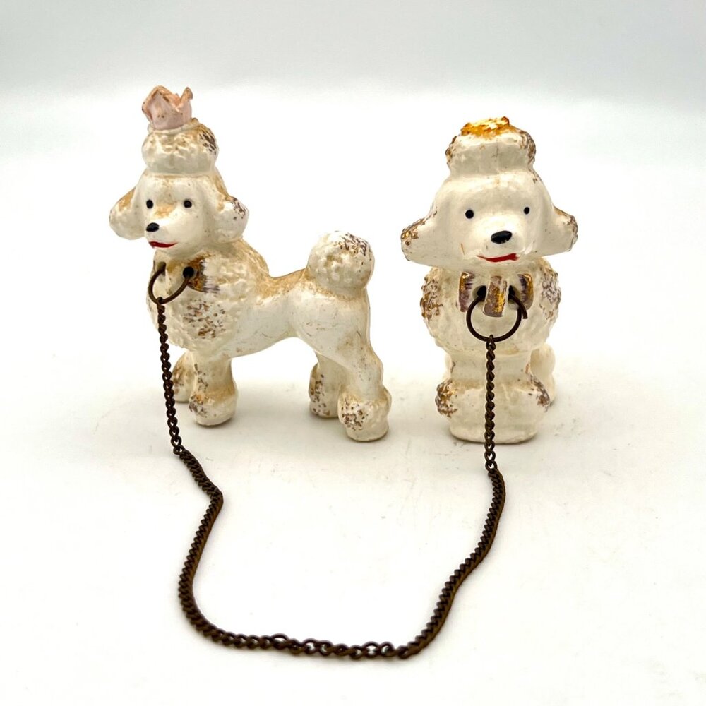 Vintage Ceramic Poodle Figurines With Chain Leash Hand Painted AS IS 2.5"H
